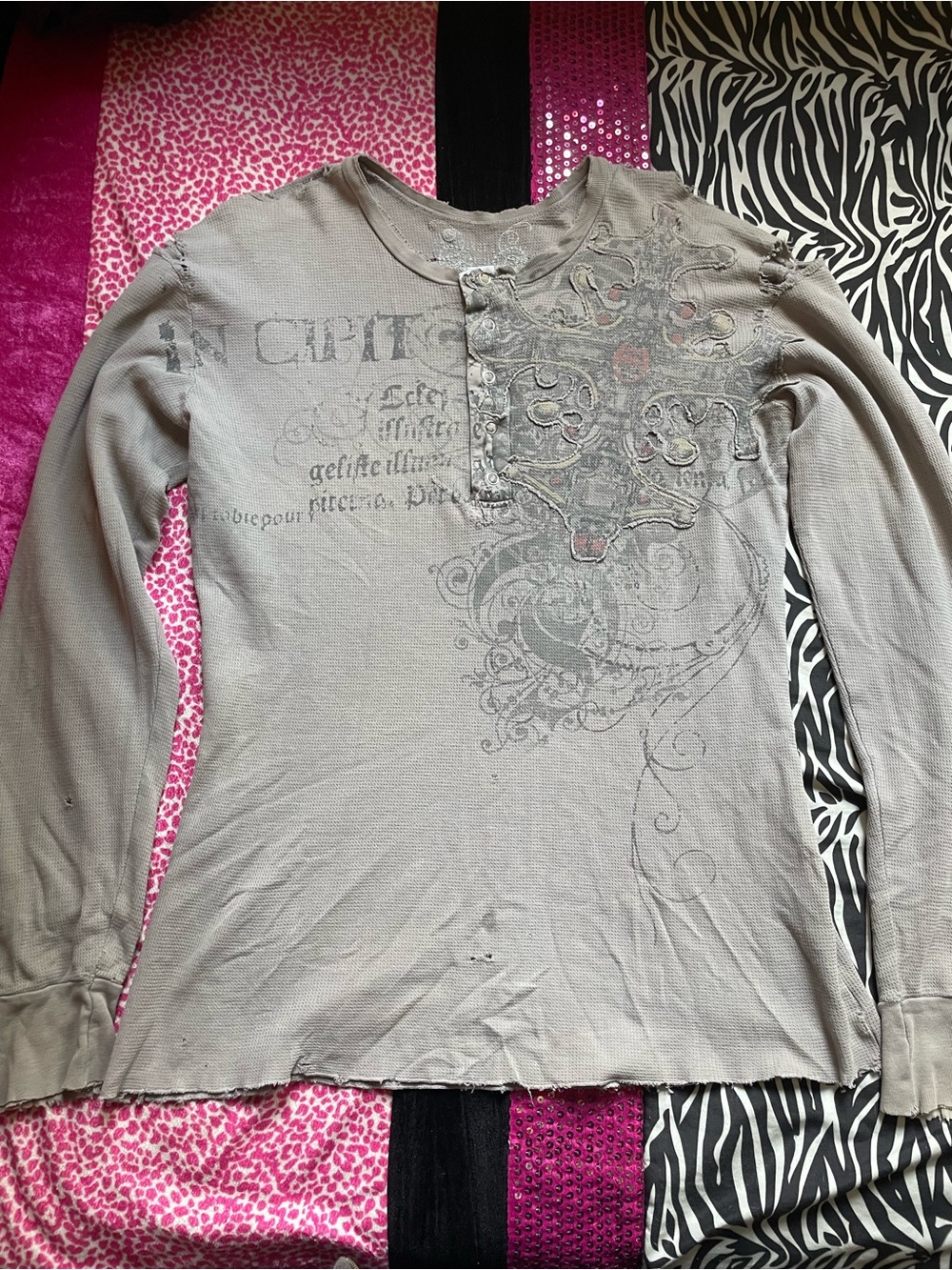 Graphic Henley Long Sleeve Thermal Top distressed grunge look